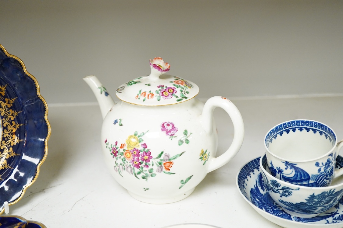 18th century tableware to include Chamberlains Worcester dish and blue and white Worcester teacups, largest 14cm high